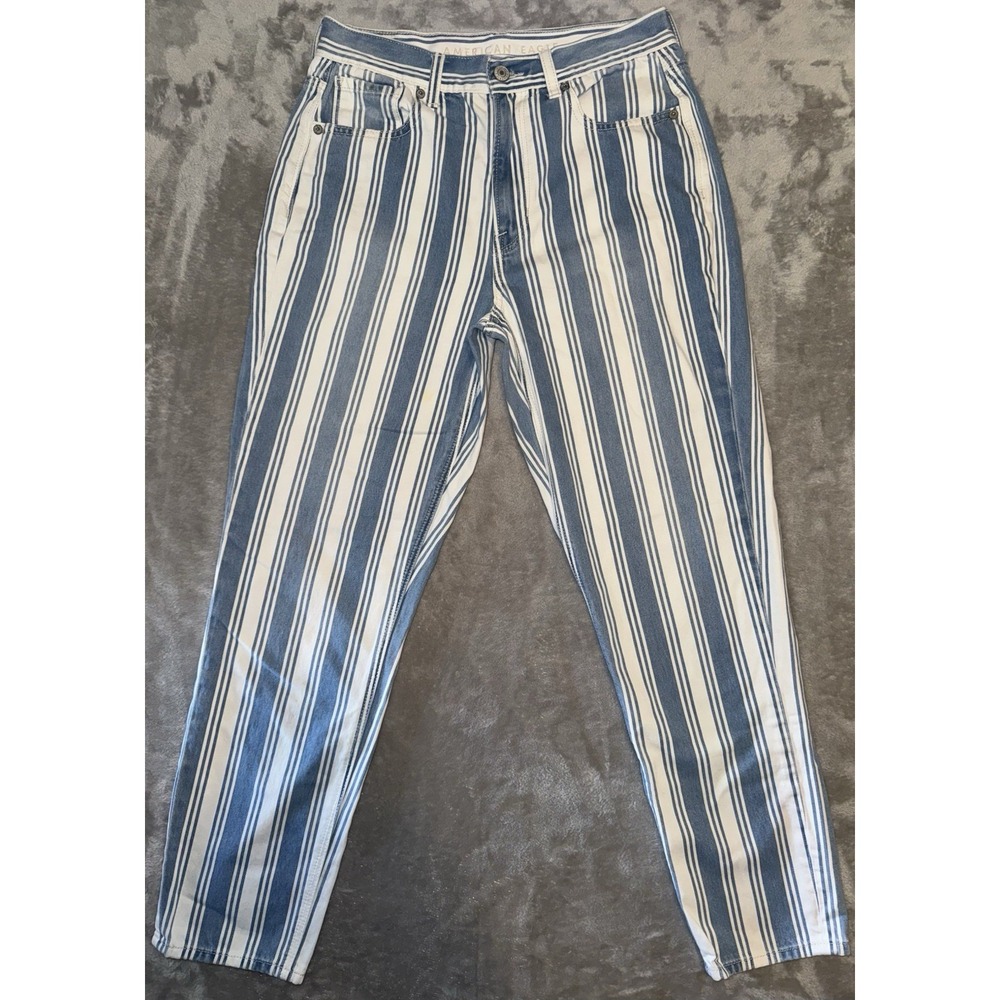 American Eagle Jeans Womens 6 Mom Relaxed High Rise Tapered Ankle 90s Blue White